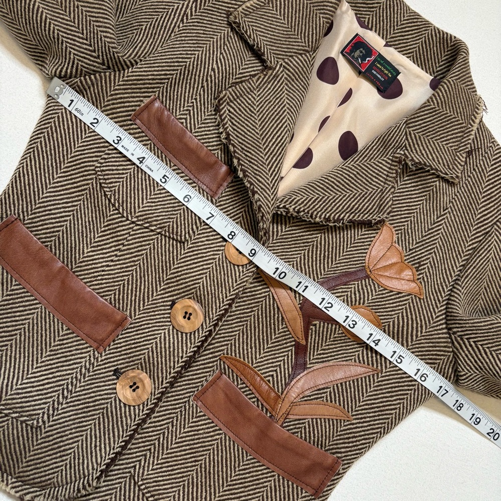 Bob Marley Wool Herringbone Blazer with Brown Leather Accents sz 4 - Picture 12 of 15